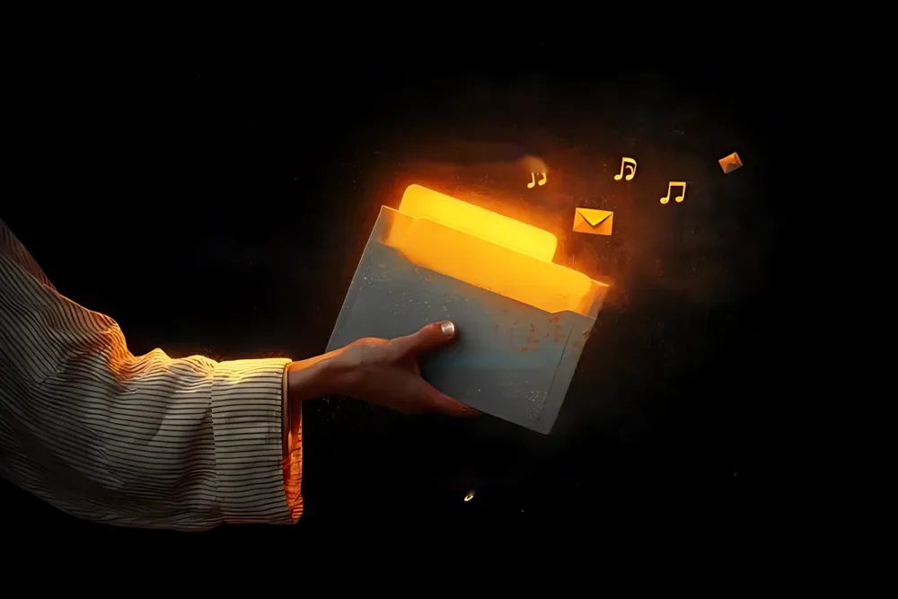 A hand holding out a glowing folder of reports