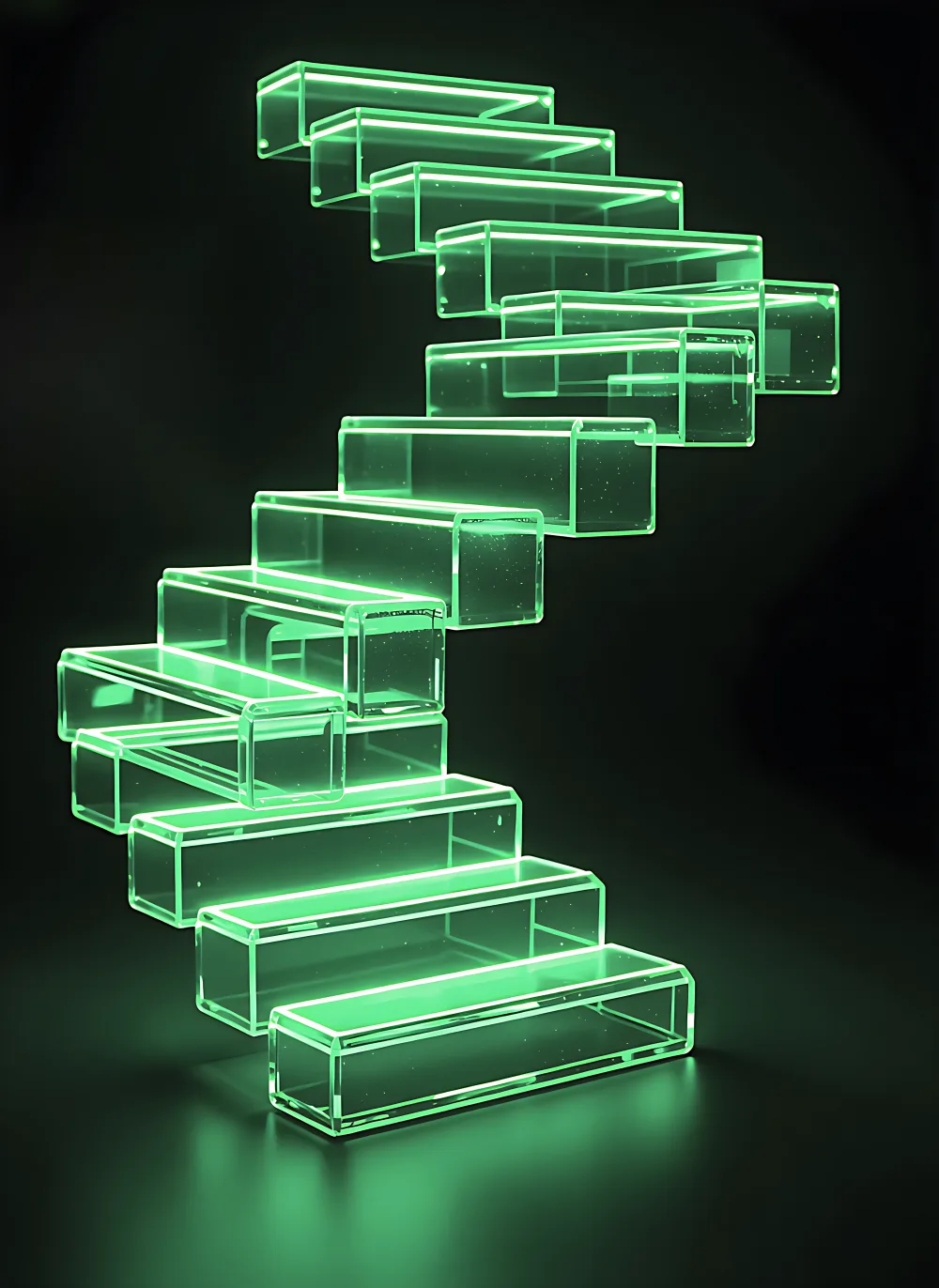 A glowing green glass staircase climbing upward