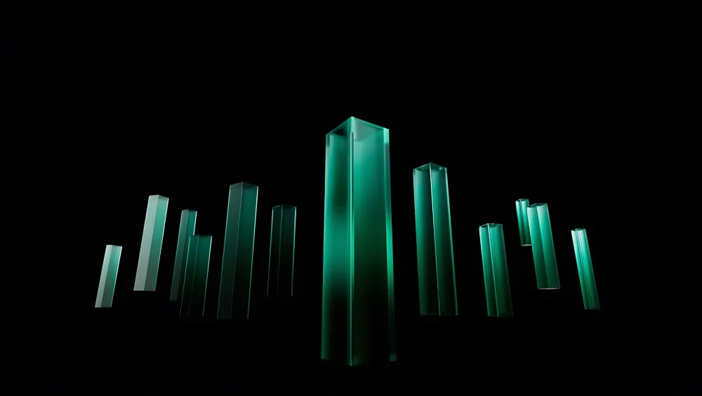 Green glass pillars rising in the dark, the tallest at the centre