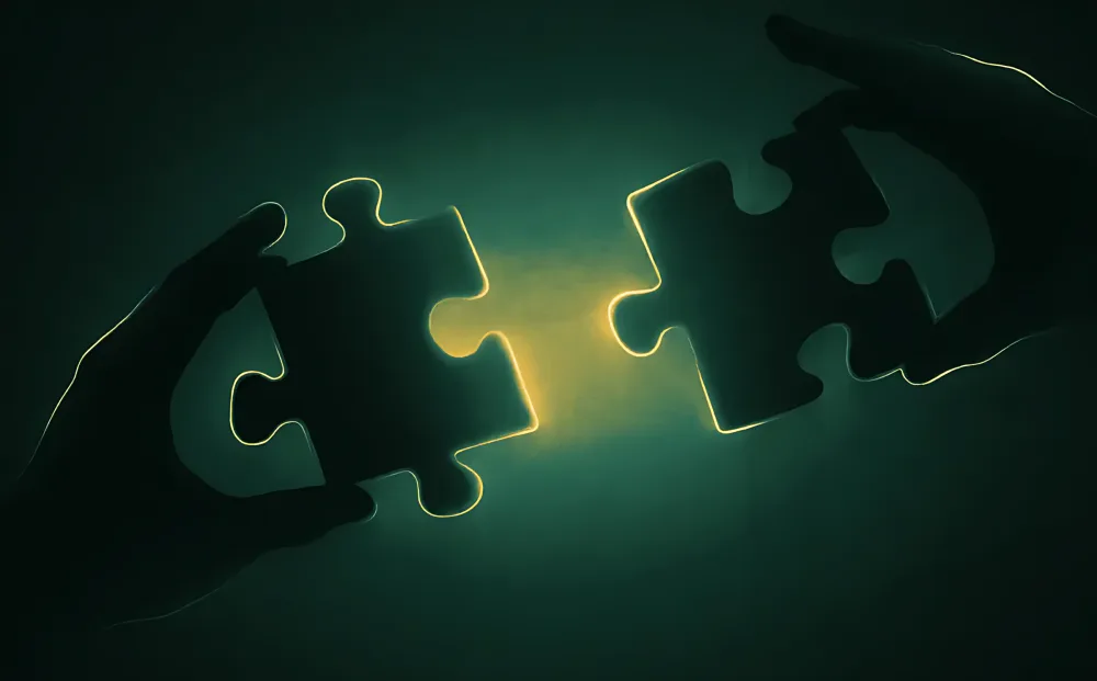 Two hands bringing puzzle pieces together under a gold light